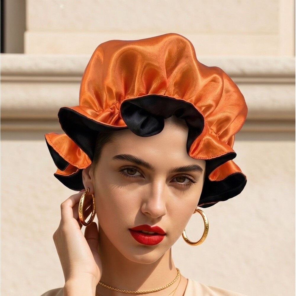 Reversible Satin Sleep Bonnet – Orange & Black – Extra Large, Elastic Fit